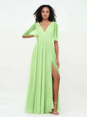 A-ligne Col en V Robes Maxi en Tulle avec Dos en V Profond Sauge Grande Taille