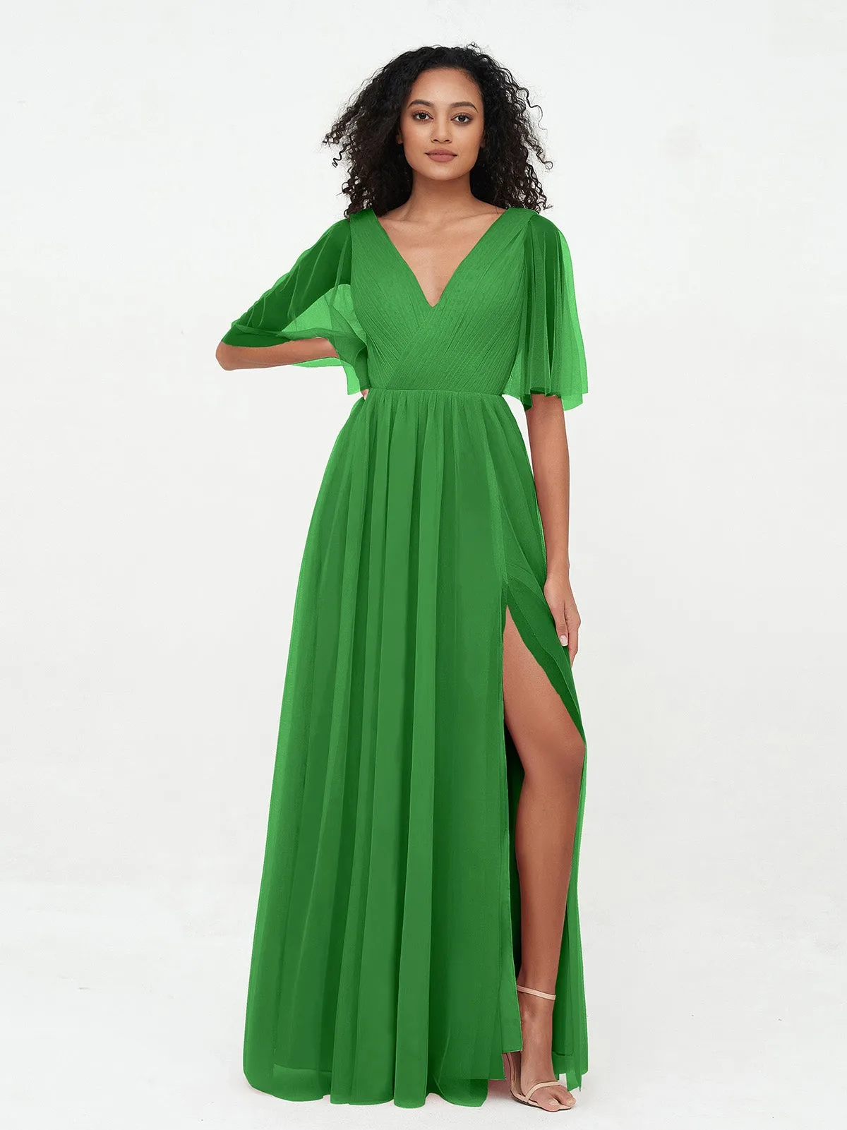 A-ligne Col en V Robes Maxi en Tulle avec Dos en V Profond Vert Grande Taille