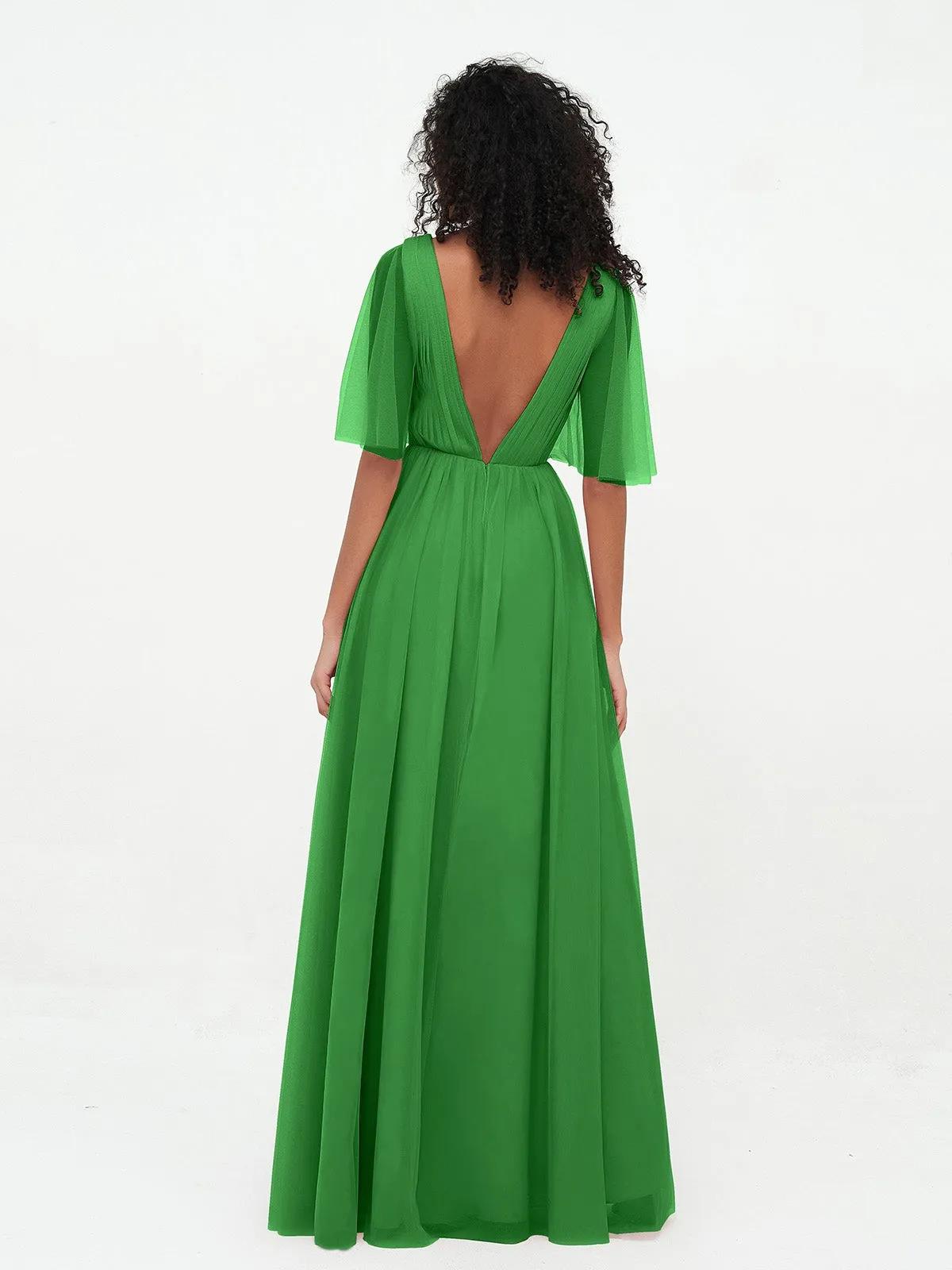 A-ligne Col en V Robes Maxi en Tulle avec Dos en V Profond Vert Grande Taille