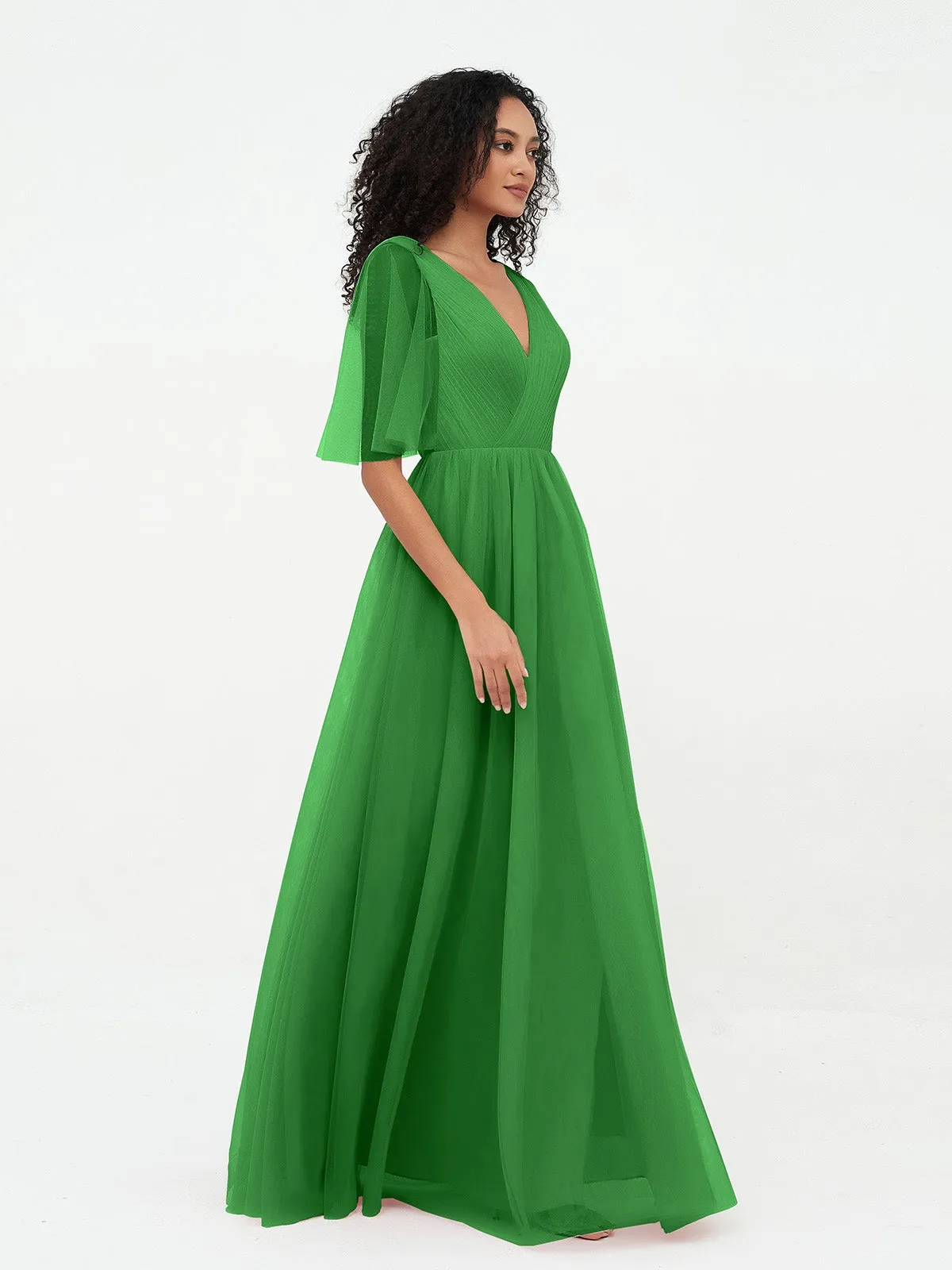 A-ligne Col en V Robes Maxi en Tulle avec Dos en V Profond Vert Grande Taille