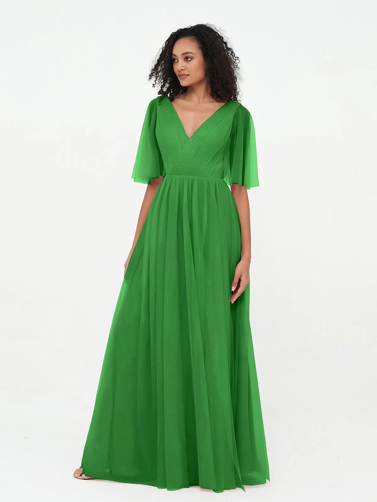 A-ligne Col en V Robes Maxi en Tulle avec Dos en V Profond Vert Grande Taille