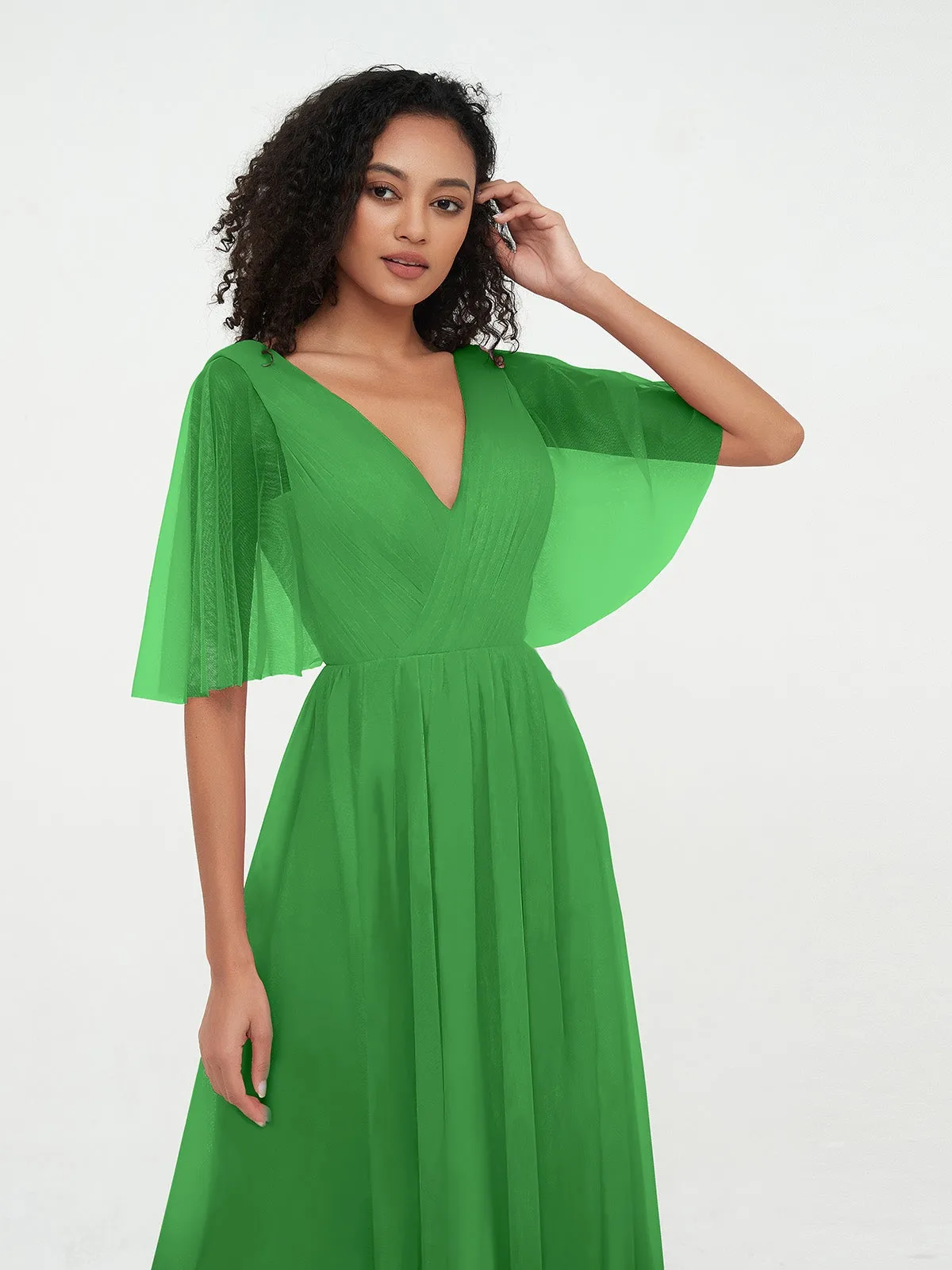 A-ligne Col en V Robes Maxi en Tulle avec Dos en V Profond Vert Grande Taille