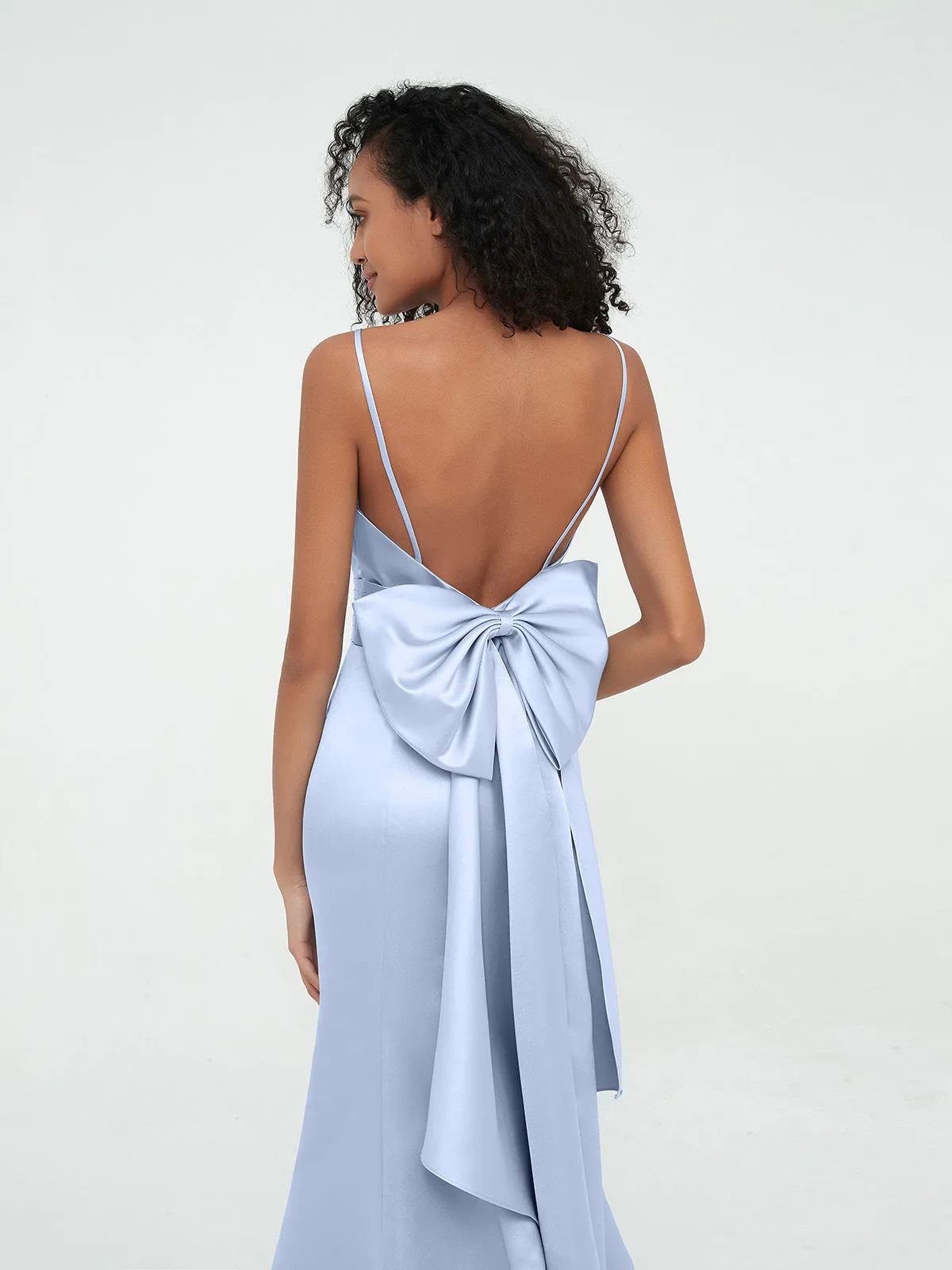 Bretelles Spaghetti Robes de Sirène en Satin Bleu Ciel Grande Taille