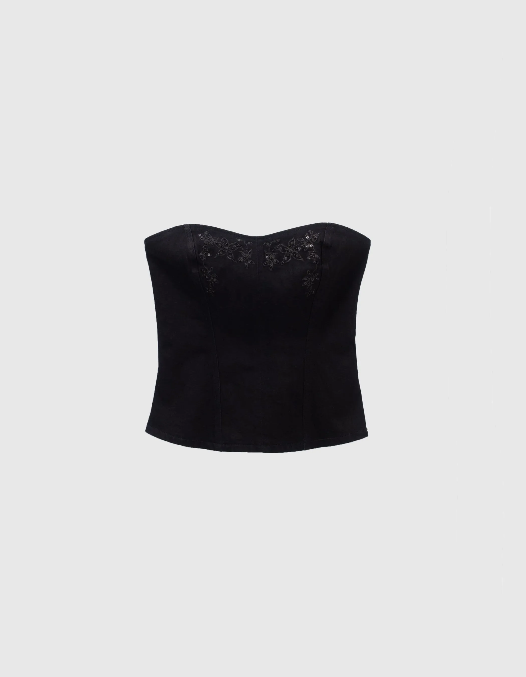 Bustier noir en jean brodé fleurs Femme