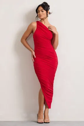 Dorit | Robe mi-longue rouge froncee et asymetrique a une epaule