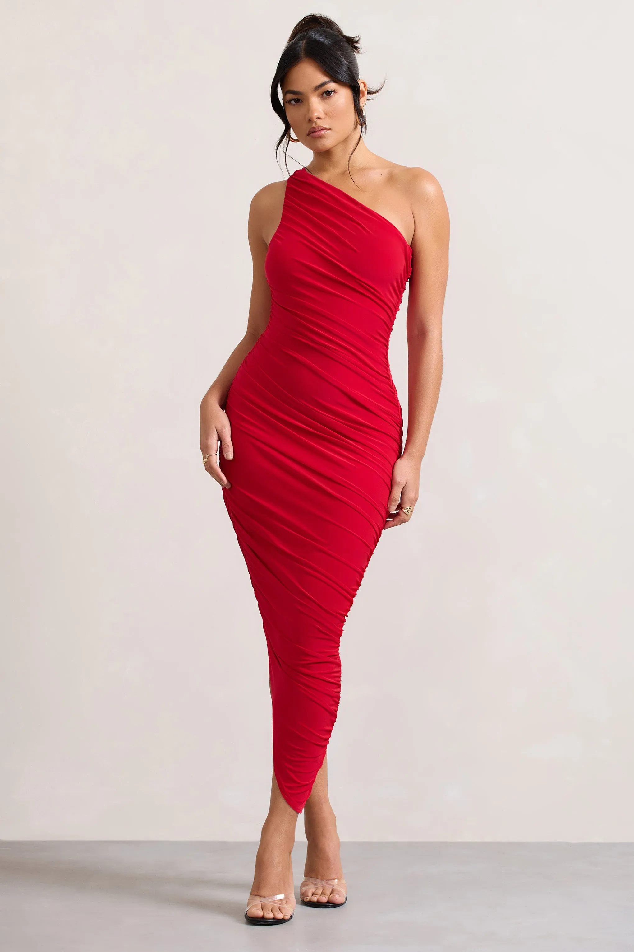 Dorit | Robe mi-longue rouge froncee et asymetrique a une epaule