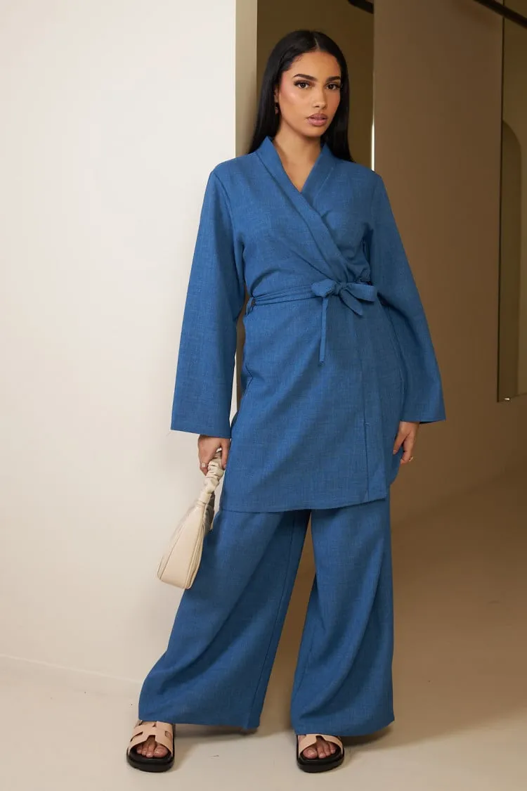 Ensemble 2 pièces kimono court + pantalon ceinturé bleu