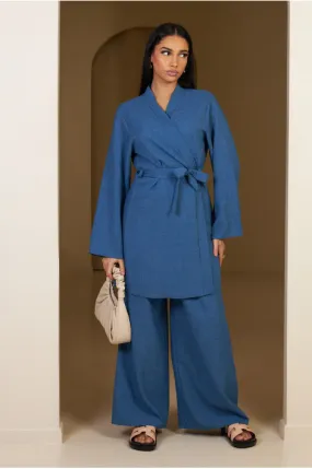 Ensemble 2 pièces kimono court + pantalon ceinturé bleu