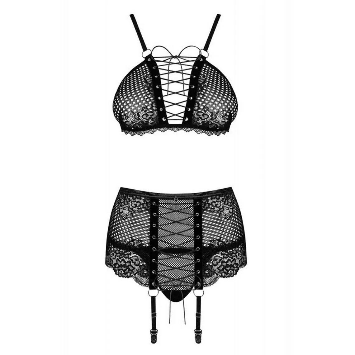 Ensemble 3 pièces - Soutien-gorge à lacets, string et porte-jarretelles - Noir Obsessive | 3 Suisses