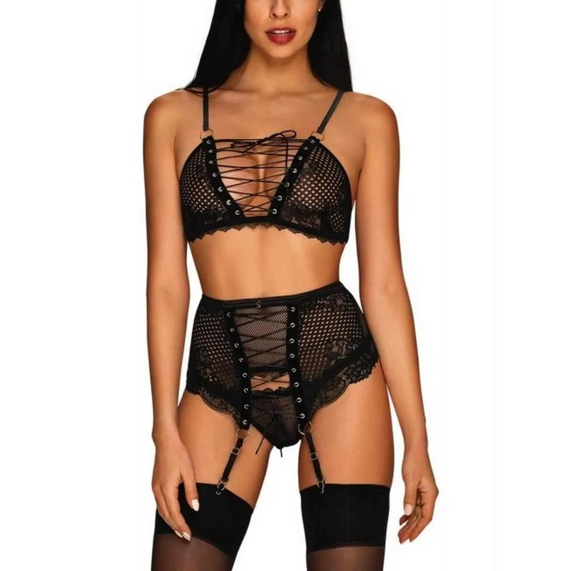 Ensemble 3 pièces - Soutien-gorge à lacets, string et porte-jarretelles - Noir Obsessive | 3 Suisses