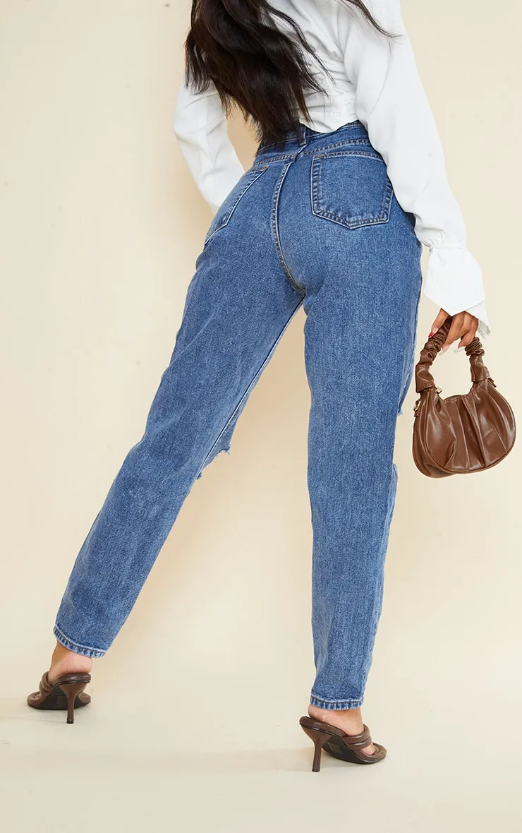 PRETTYLITTLETHING Jean mom bleu foncé déchiré aux genoux