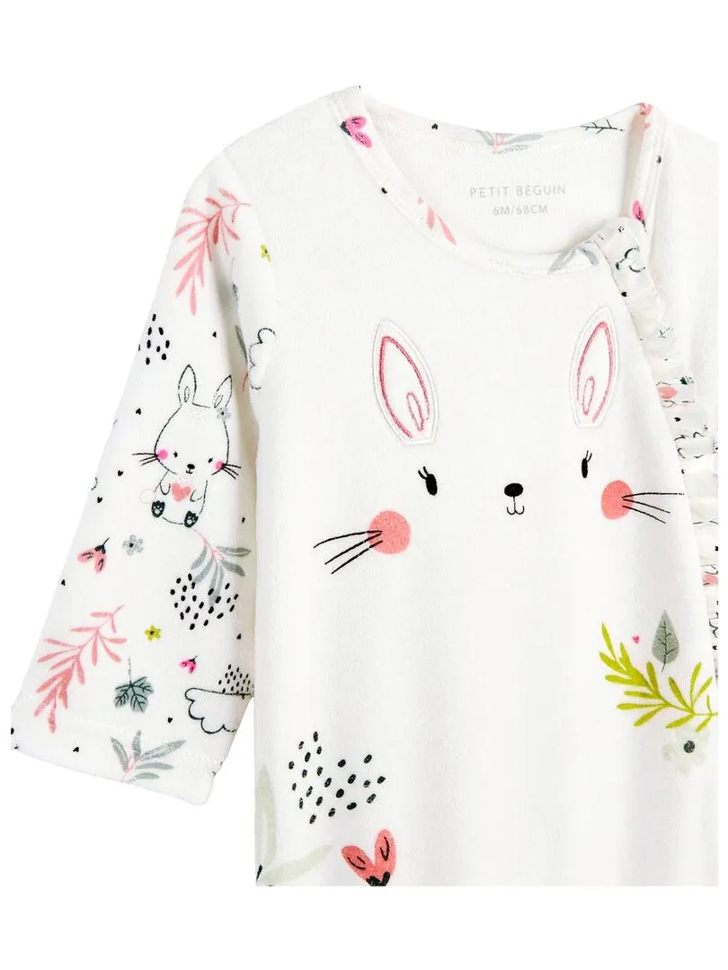 Pyjama bébé en velours ouverture zippée Happy Bunny - Ecru