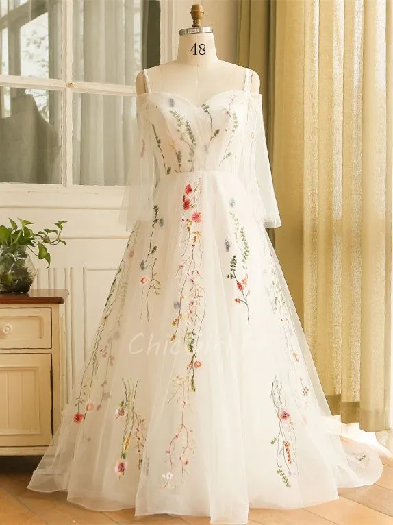 Robe De Mariée Champetre Grande Taille Tulle Fleurie Epaule Dénudée