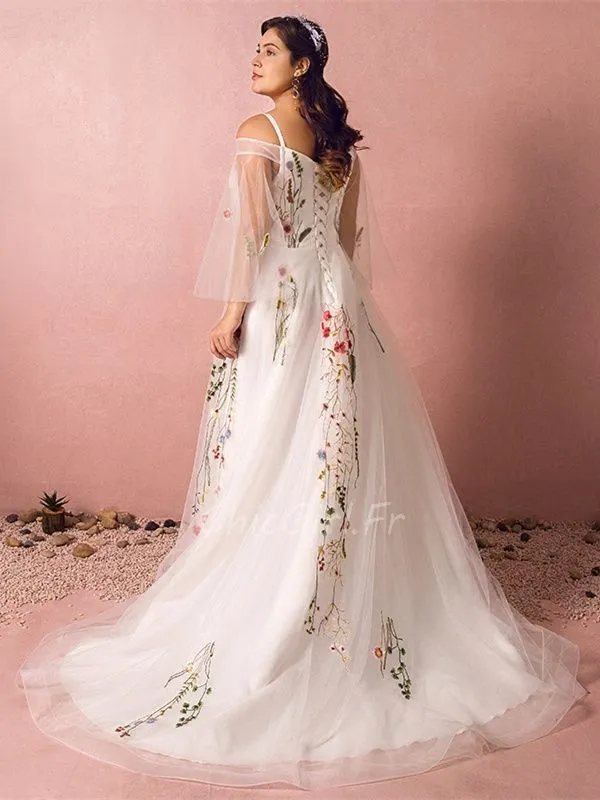 Robe De Mariée Champetre Grande Taille Tulle Fleurie Epaule Dénudée