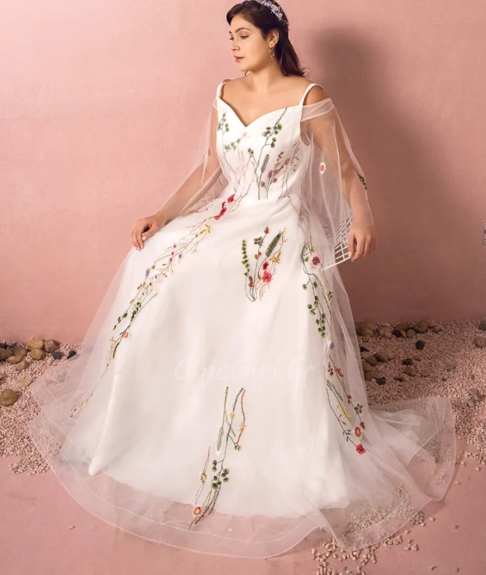 Robe De Mariée Champetre Grande Taille Tulle Fleurie Epaule Dénudée