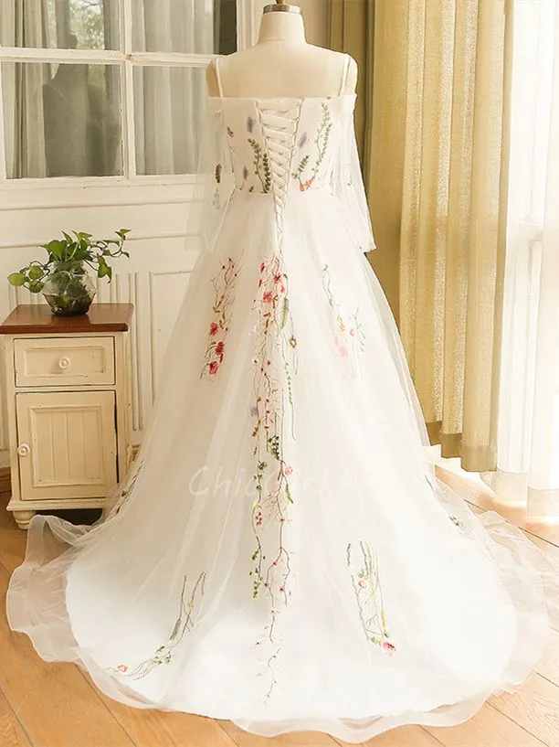 Robe De Mariée Champetre Grande Taille Tulle Fleurie Epaule Dénudée