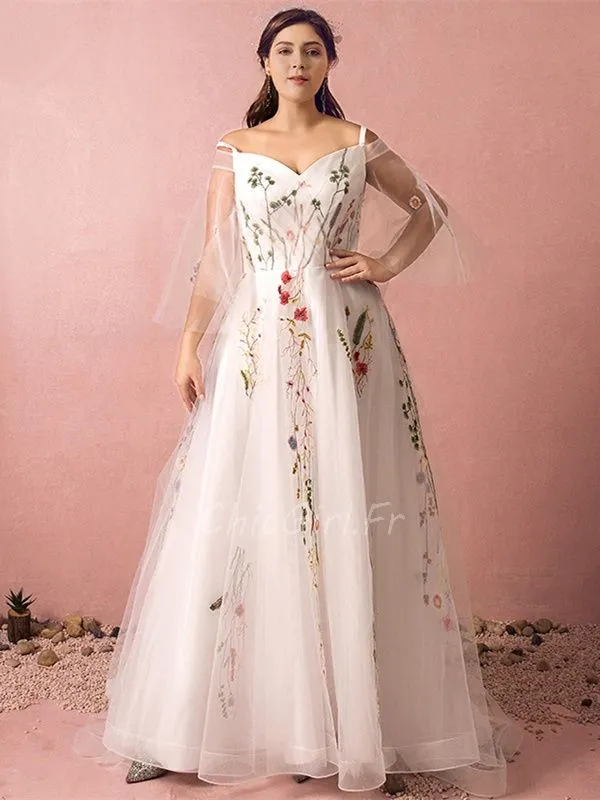 Robe De Mariée Champetre Grande Taille Tulle Fleurie Epaule Dénudée