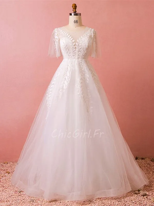 Robe De Mariée Princesse Grande Taille Tulle Dentelle Manche Volant