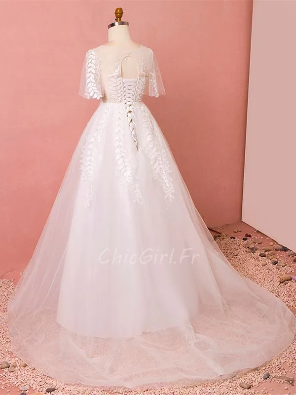 Robe De Mariée Princesse Grande Taille Tulle Dentelle Manche Volant