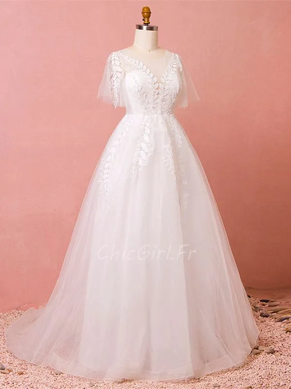 Robe De Mariée Princesse Grande Taille Tulle Dentelle Manche Volant