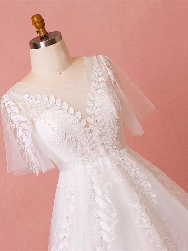 Robe De Mariée Princesse Grande Taille Tulle Dentelle Manche Volant