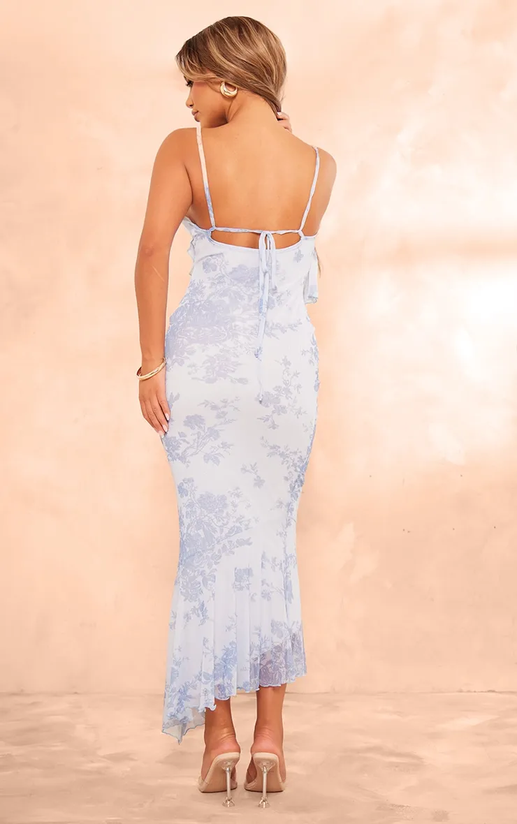 Robe longue en mesh bleu fleuri volanté à dos bénitier