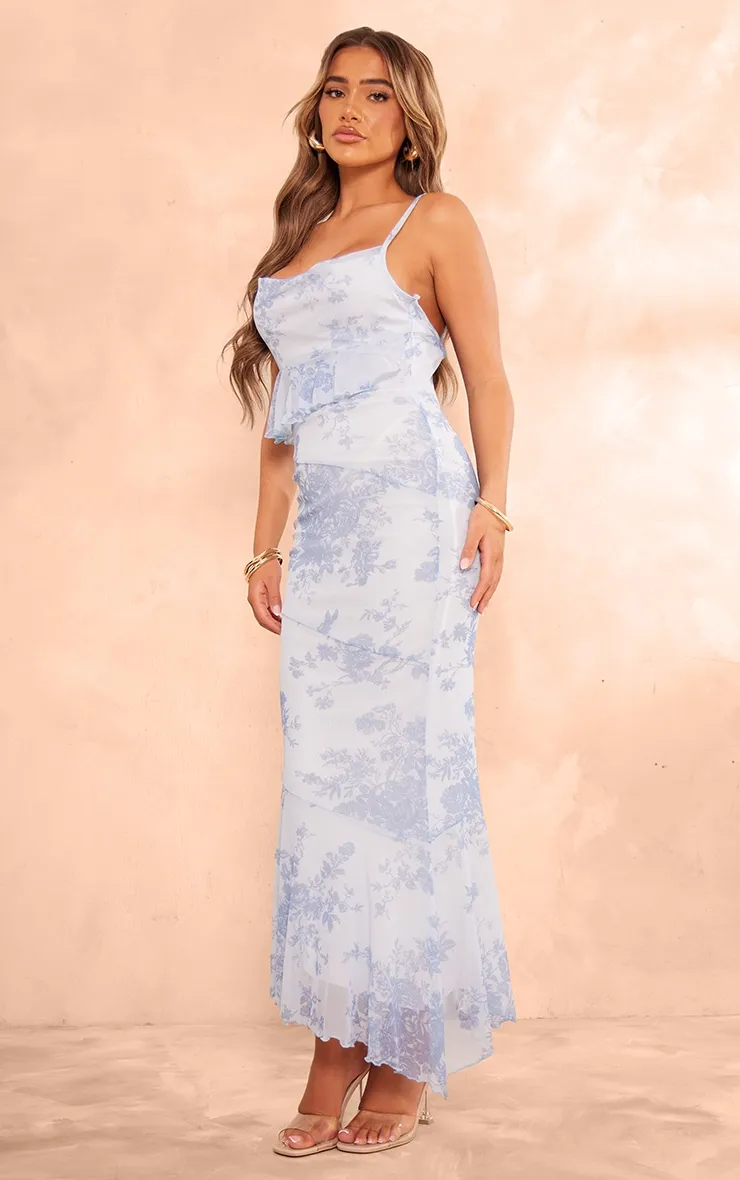 Robe longue en mesh bleu fleuri volanté à dos bénitier