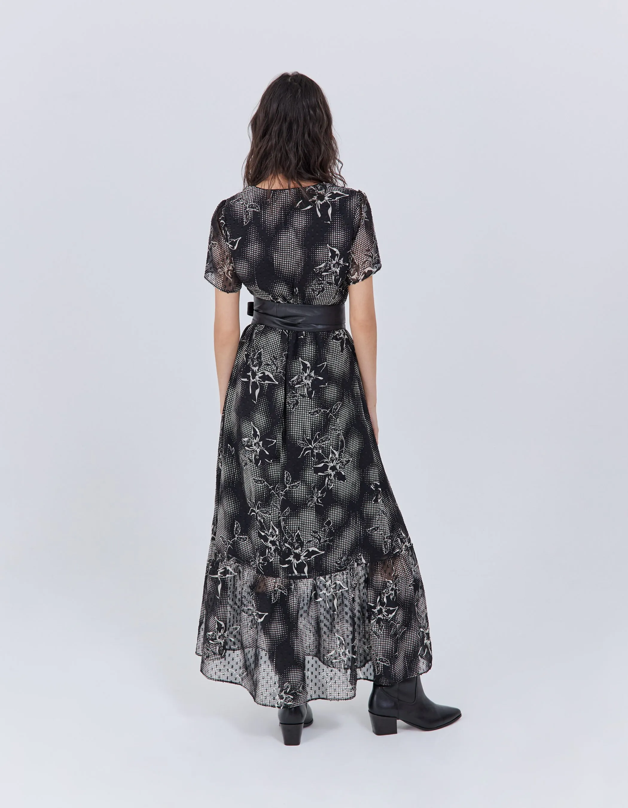 Robe longue noire imprimé dandy flower écru Femme