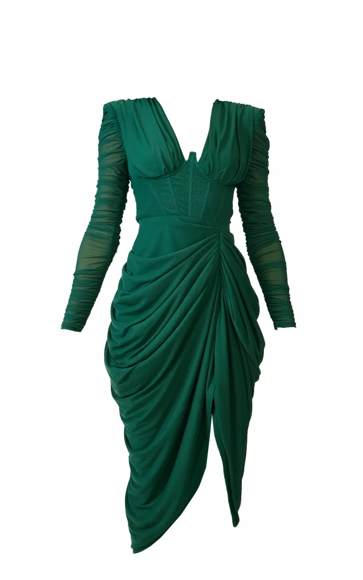 Robe mi-longue en mesh froncé drapé vert émeraude à manches longues