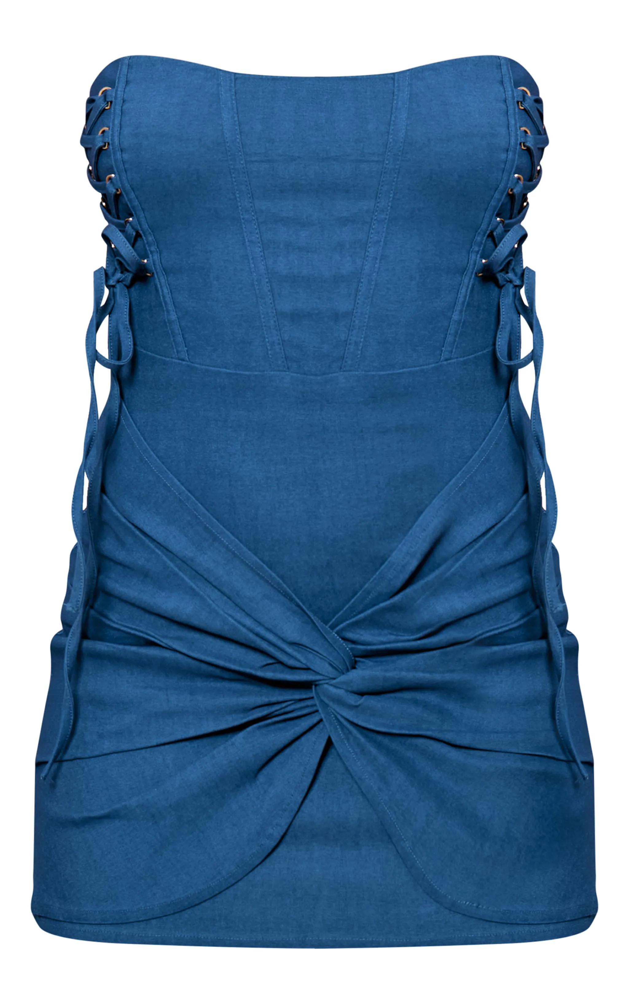 Robe moulante bustier tissée stretch bleu clair lacée à corset