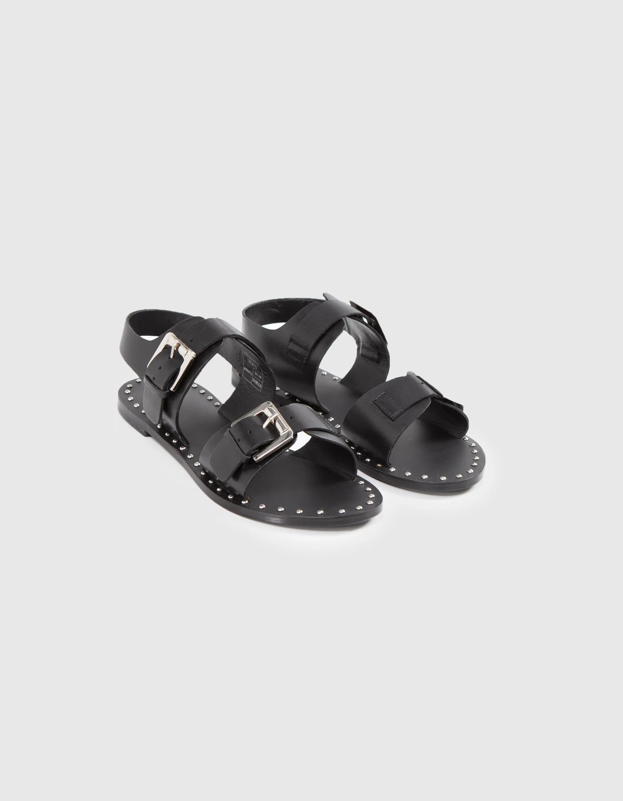 Sandales noires cuir double bride trépointe cloutée Femme