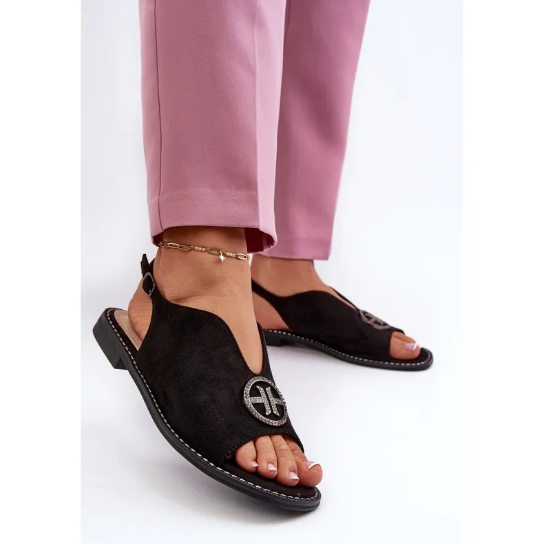 Sandales Pour Femmes Avec Décoration Dorée Eco Daim S.Barski KV27-059 Noir le noir