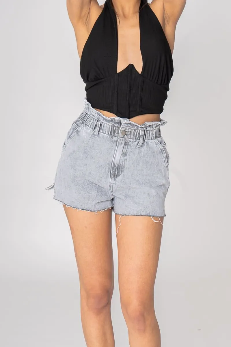 Short en jean effilé taille élastique gris