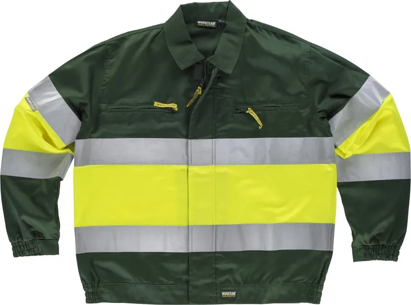 Veste avec 2 bandes haute visibilité et réfléchissant EN471 vert foncé jaune AV