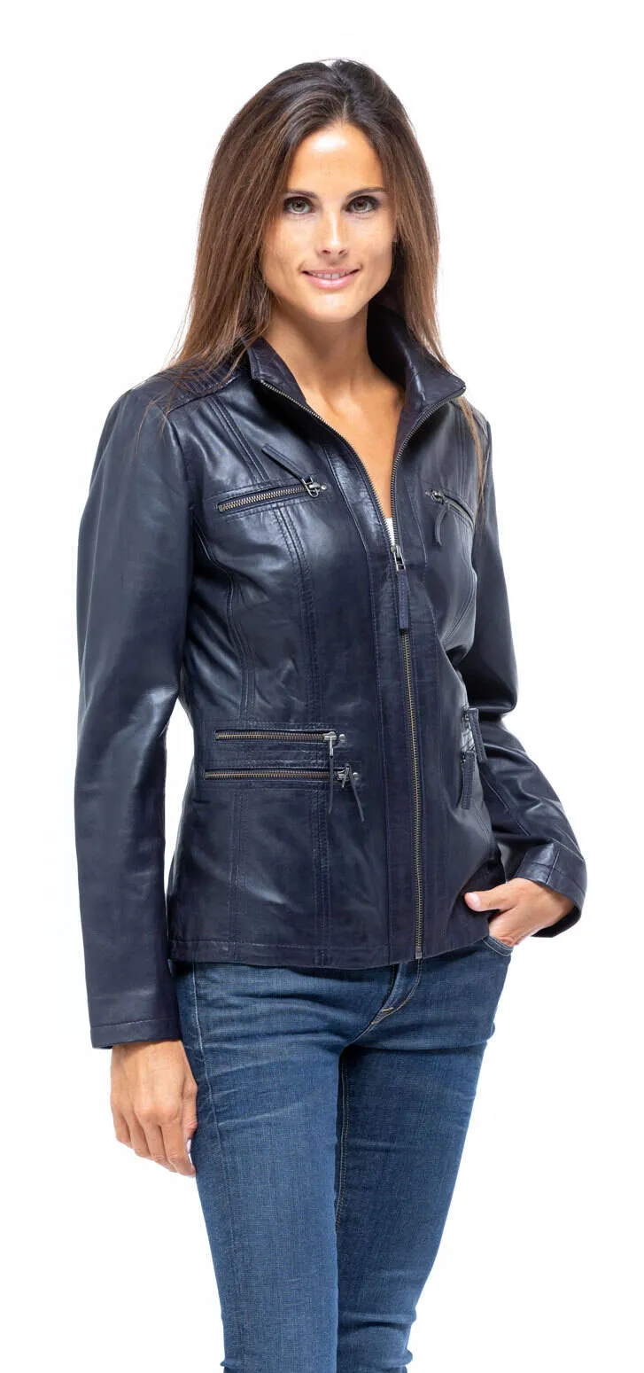 Veste cuir femme bleu marine