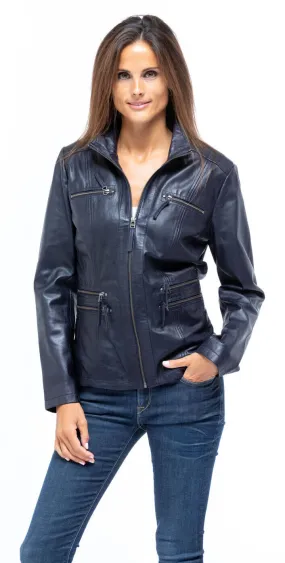 Veste cuir femme bleu marine