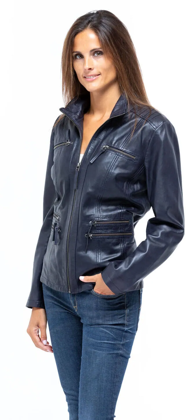 Veste cuir femme bleu marine