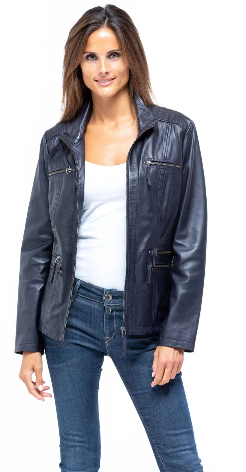 Veste cuir femme bleu marine