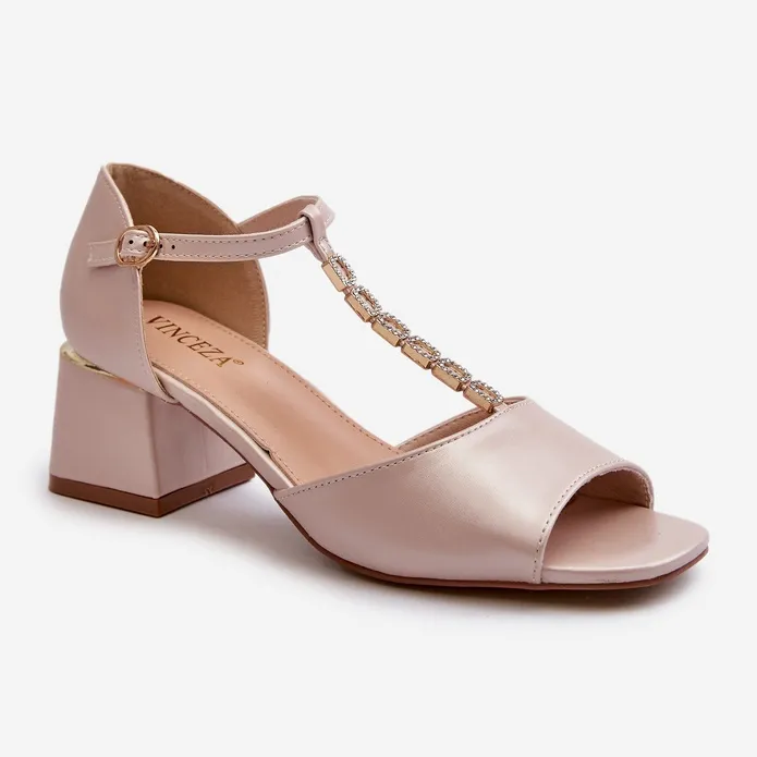 Vinceza Sandales pour femmes sur un talon haut bloc avec une bride décorative, cuir écologique, doré Obivena beige